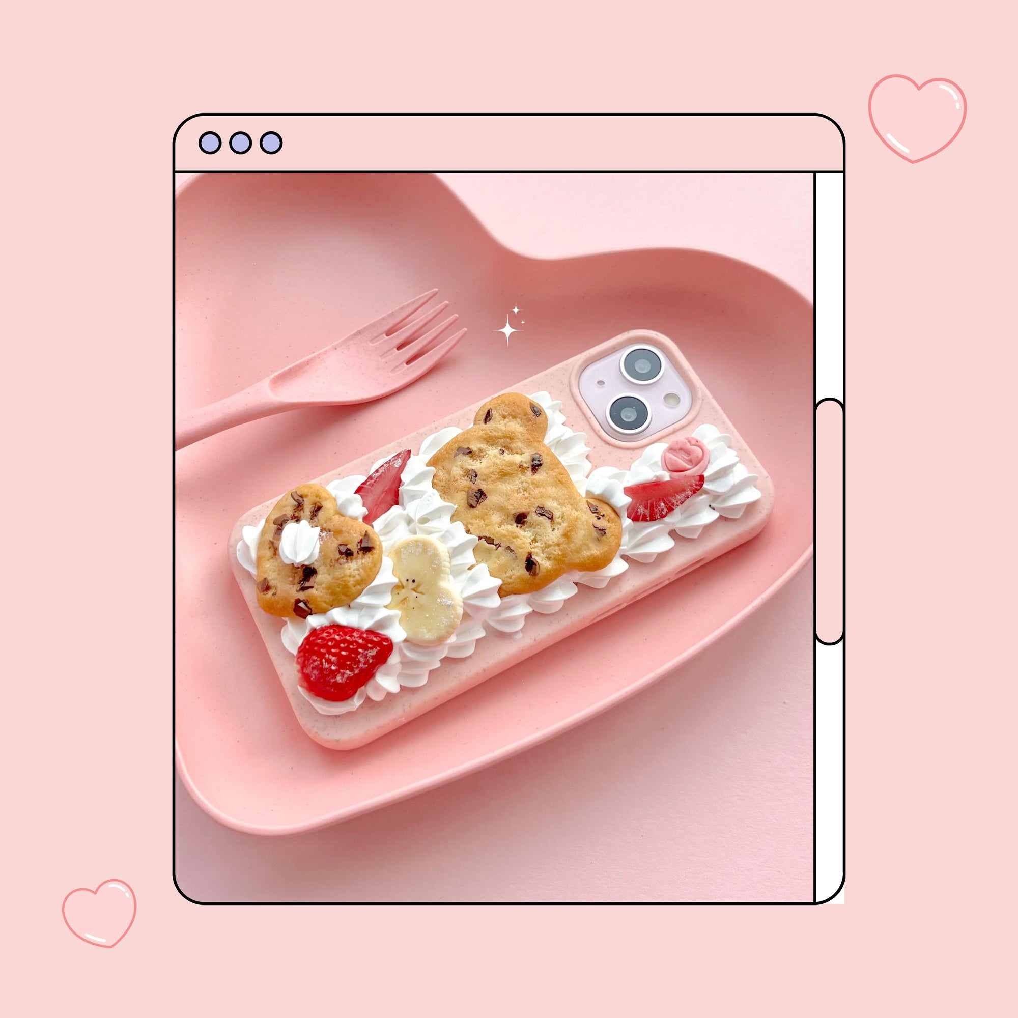 teddy bear and heart shaped chocolate chip cookie decoden phone case with strawberries