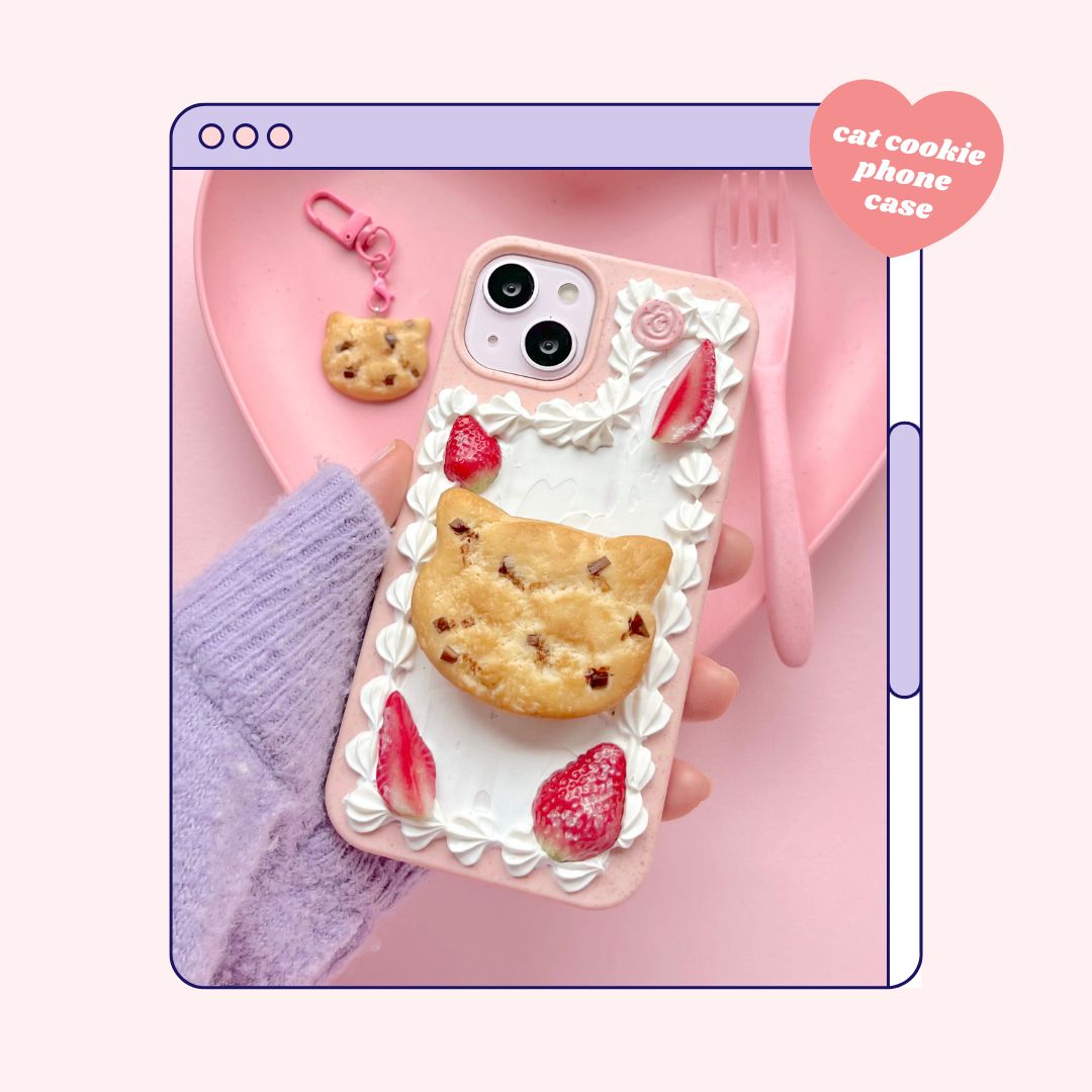 cat chocolate chip cookie pull out grip decoden phone case + keyring bundle