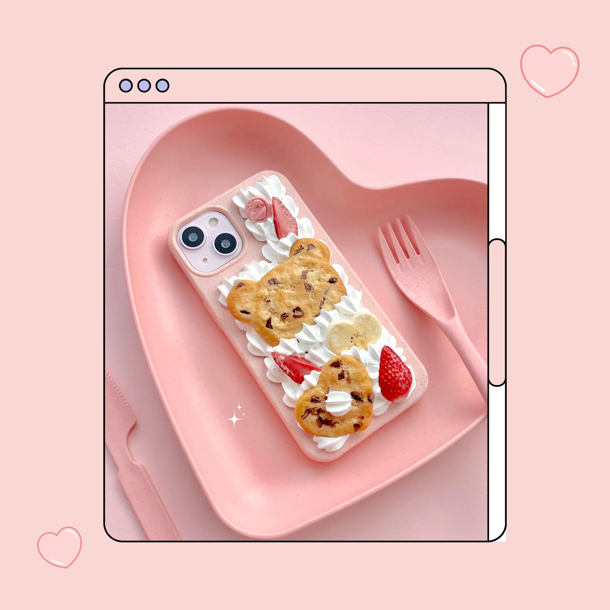 teddy bear and heart shaped chocolate chip cookie decoden phone case with strawberries