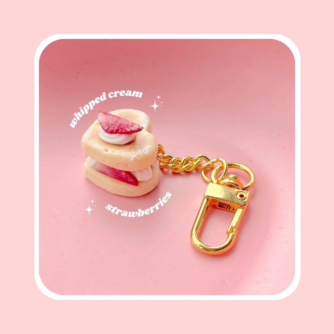 heart shaped strawberry and whipped cream pancakes keyring with lobster clasp