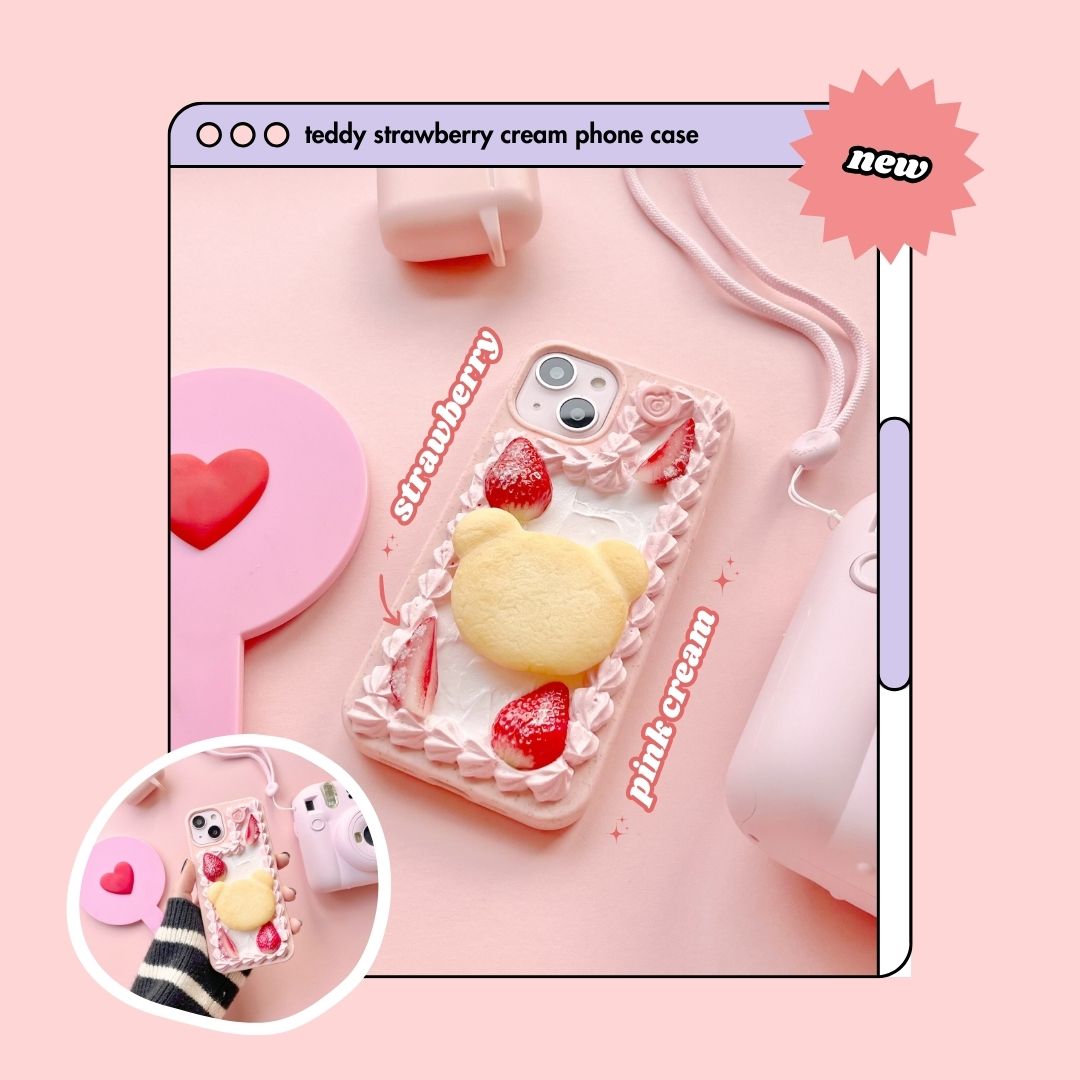 strawberry pink cream teddy bear butter cookie pull out grip decoden phone case