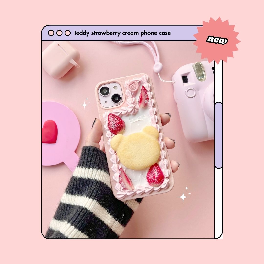 strawberry pink cream teddy bear butter cookie pull out grip decoden phone case