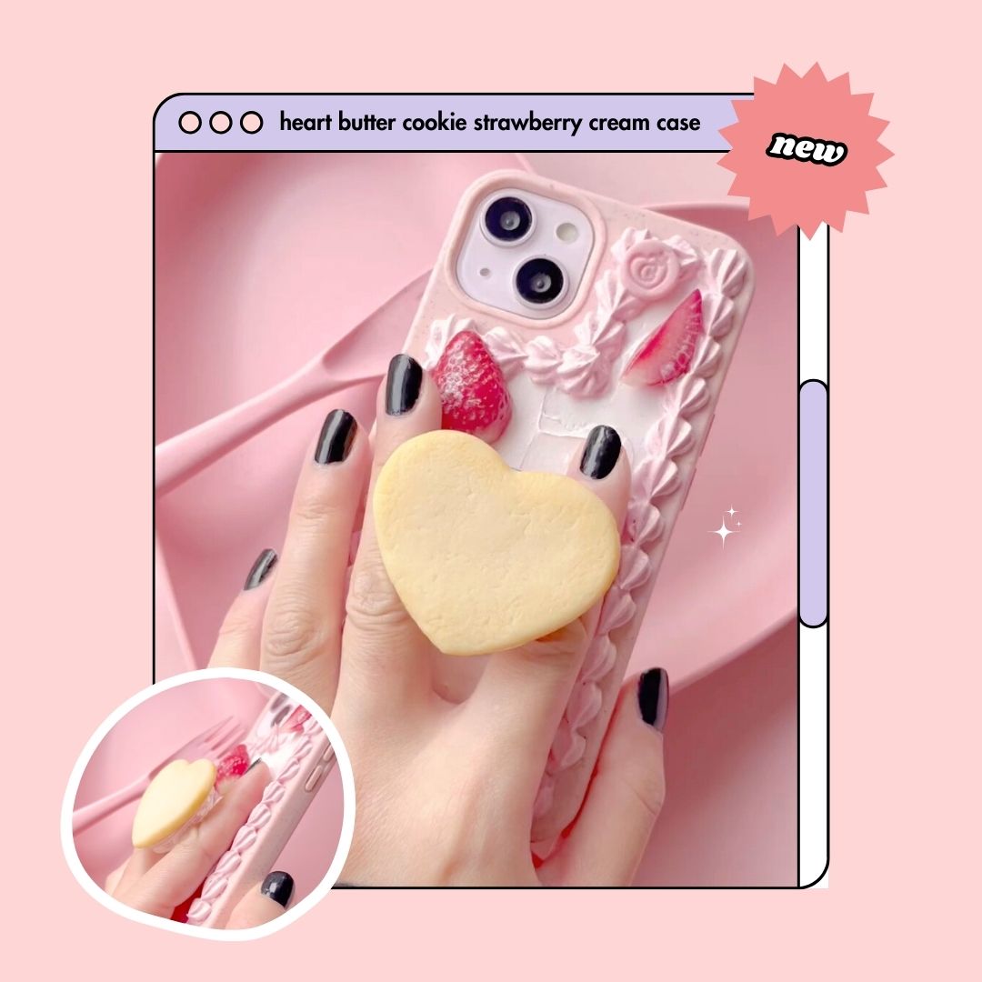 strawberry pink cream heart butter cookie pull out grip decoden phone case