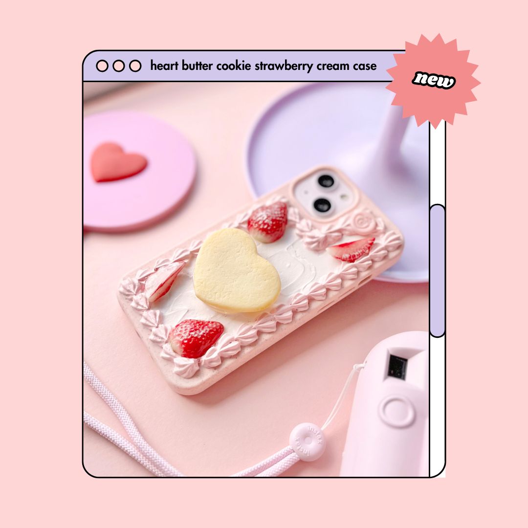 strawberry pink cream heart butter cookie pull out grip decoden phone case