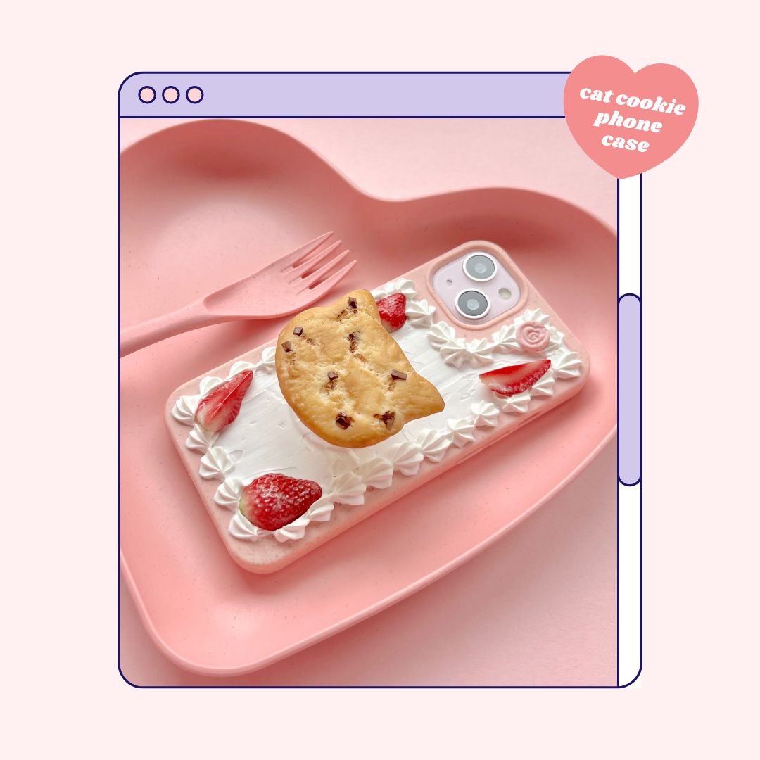 cat chocolate chip cookie pull out grip decoden phone case + keyring bundle