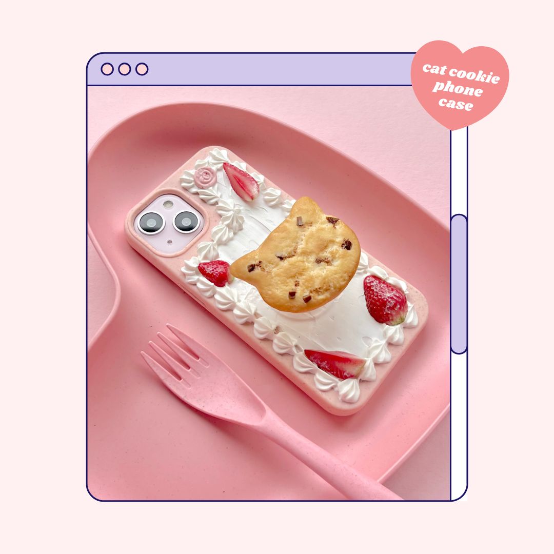 cat chocolate chip cookie pull out grip decoden phone case + keyring bundle