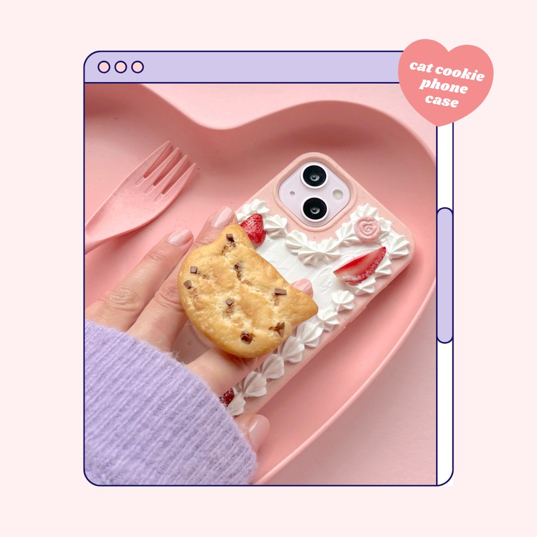 cat chocolate chip cookie pull out grip decoden phone case + keyring bundle