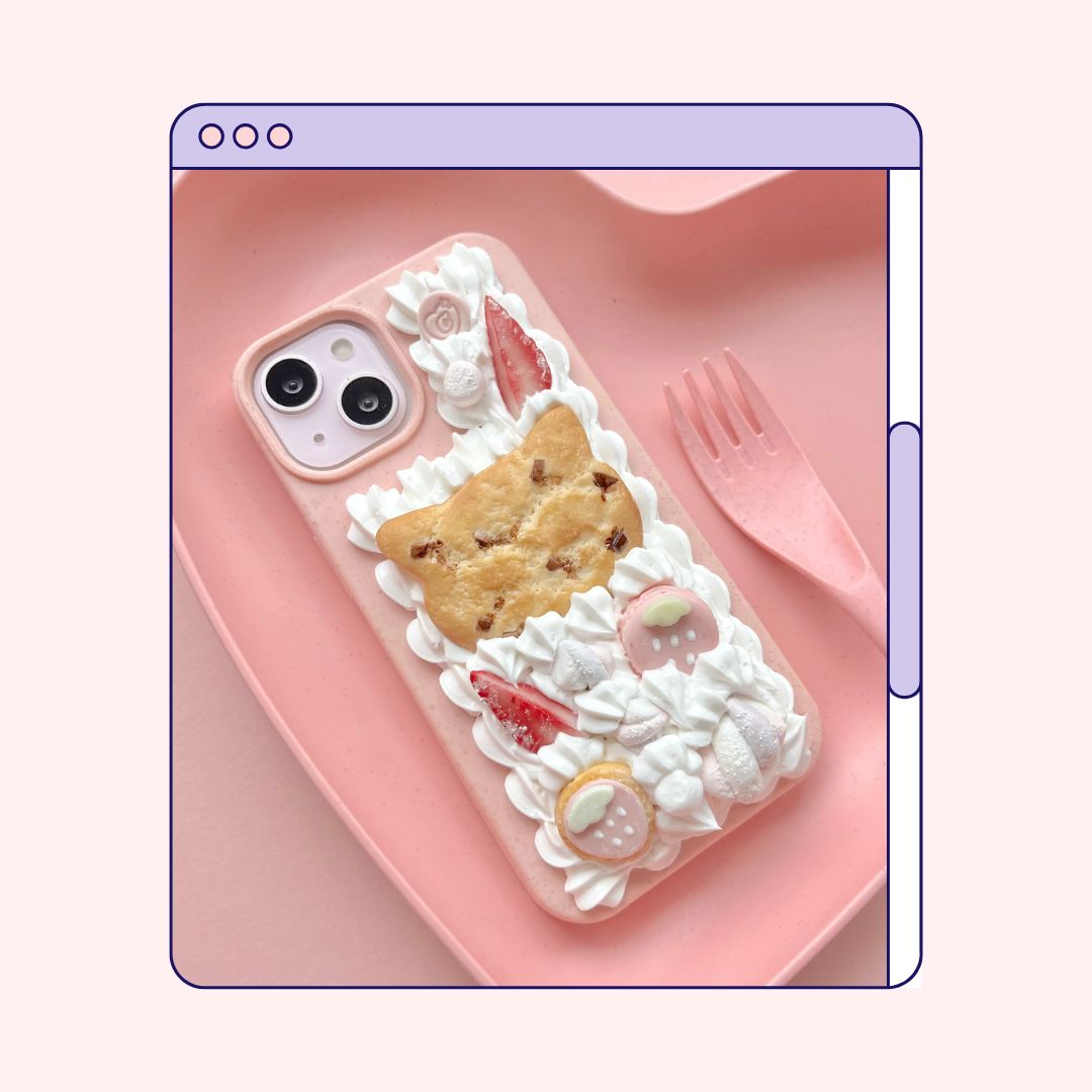 cat chocolate chip cookie marshmallow strawberry macaron decoden phone case