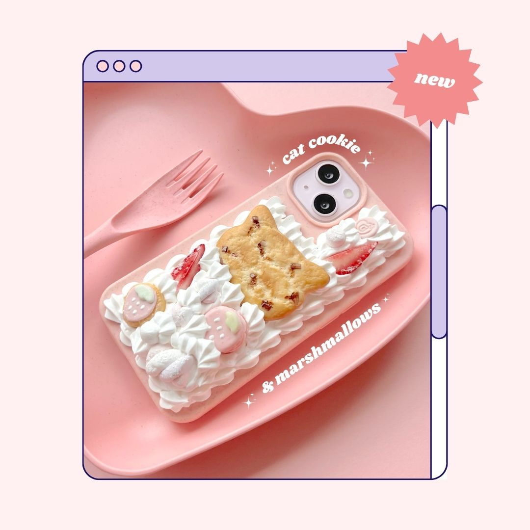 cat chocolate chip cookie marshmallow strawberry macaron decoden phone case