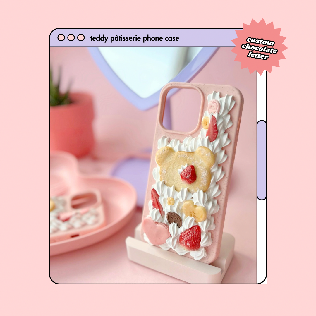 teddy bear cookie decoden phone case with heart shaped macaron and custom letter chocolate