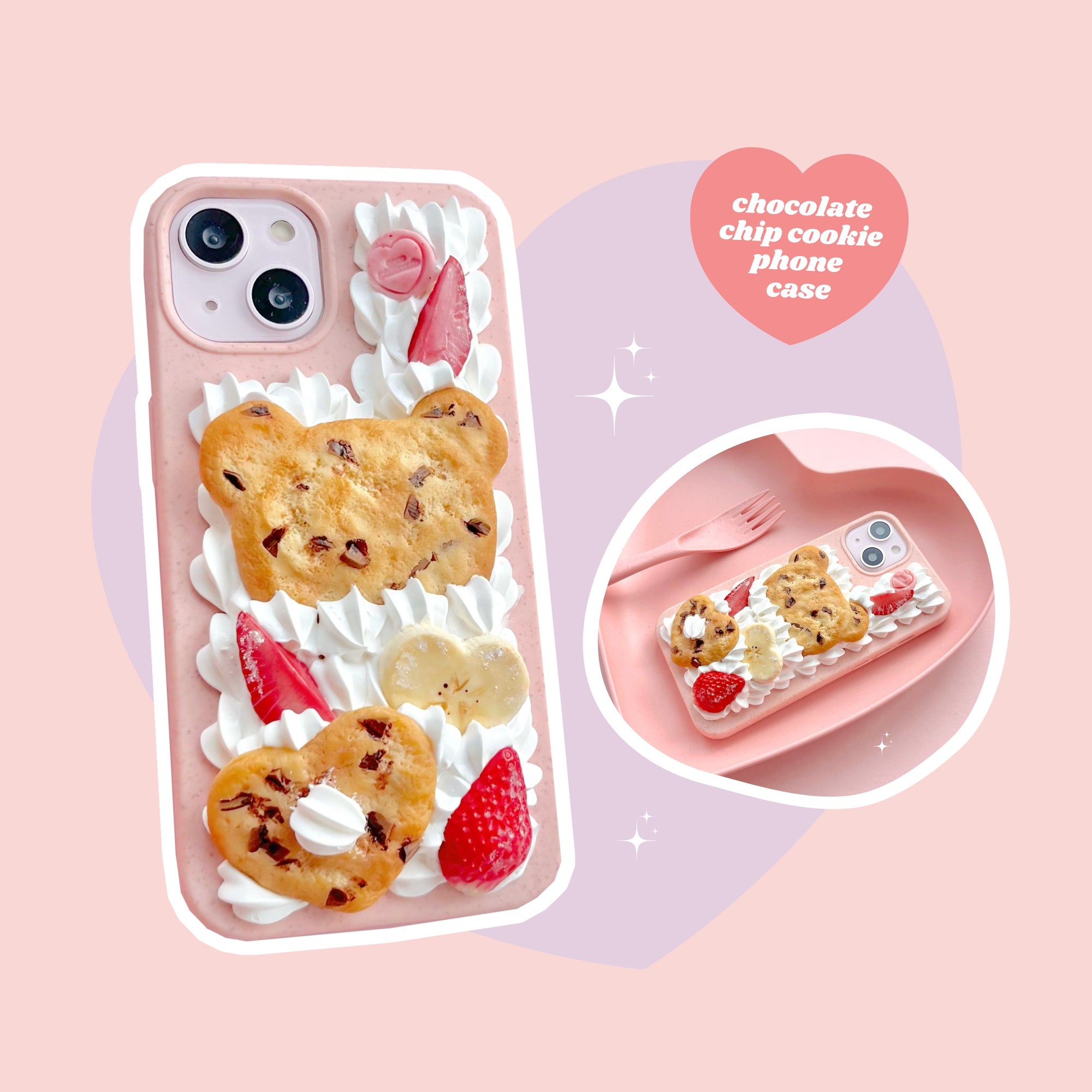 teddy bear and heart shaped chocolate chip cookie decoden phone case with strawberries