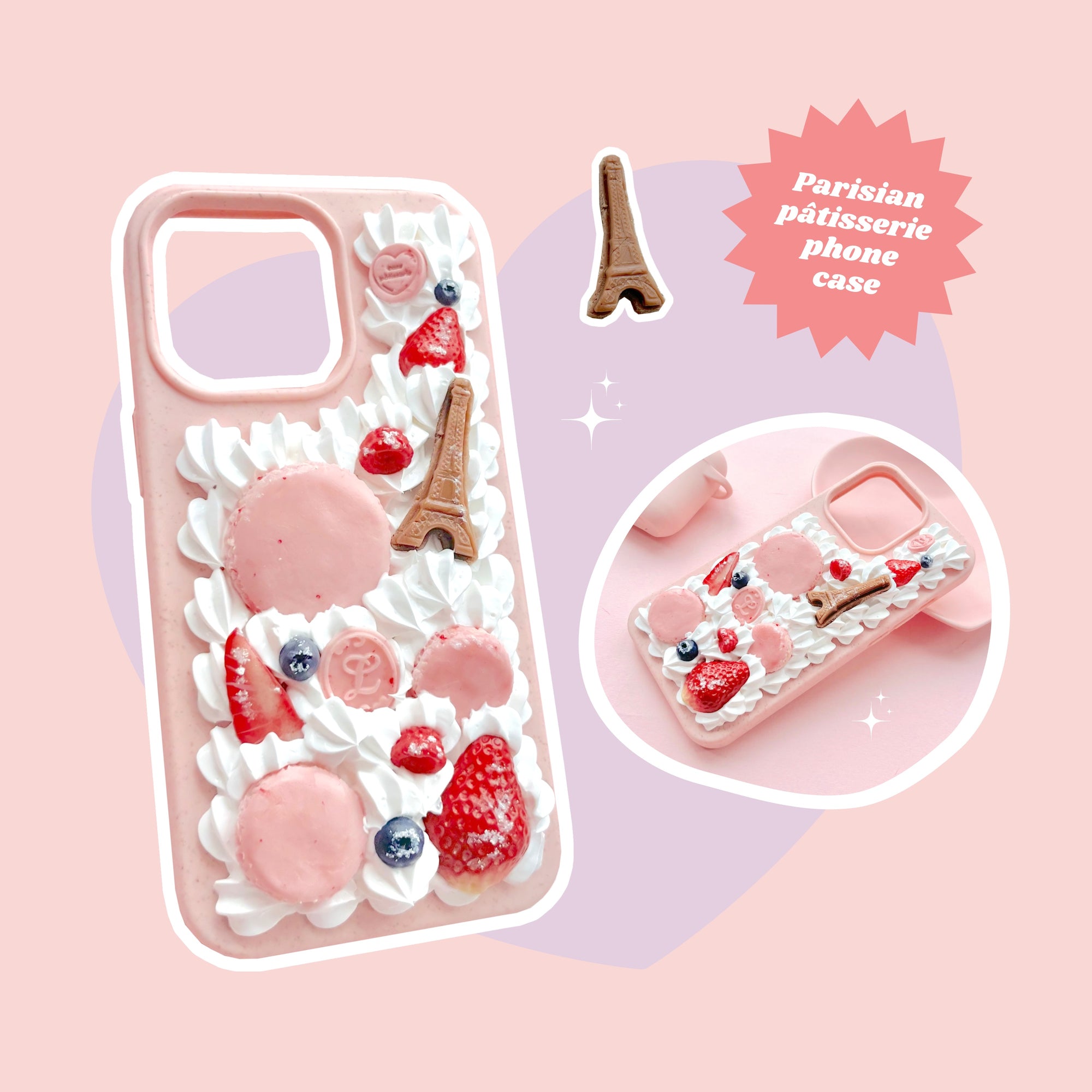 parisian pâtisserie décoden phone case with chocolate Eiffel Tower and strawberry macaron