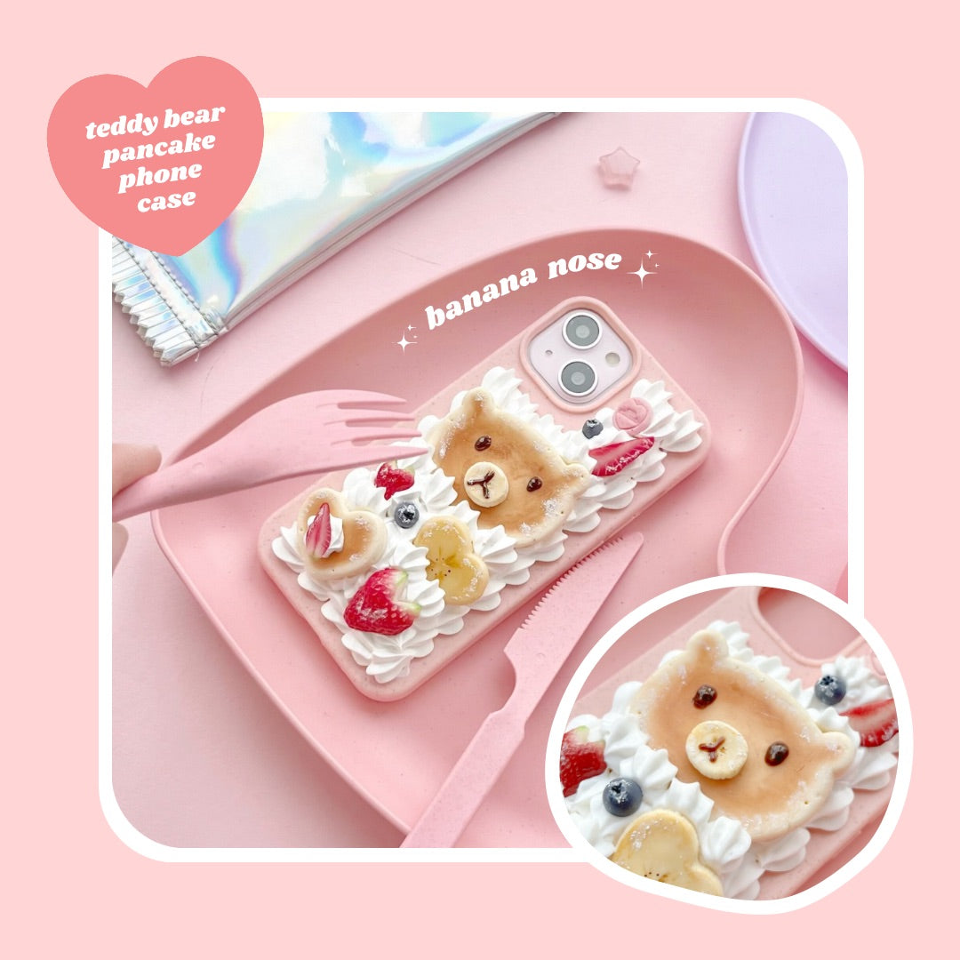 teddy bear pancake decoden phone case with heart shaped strawberries