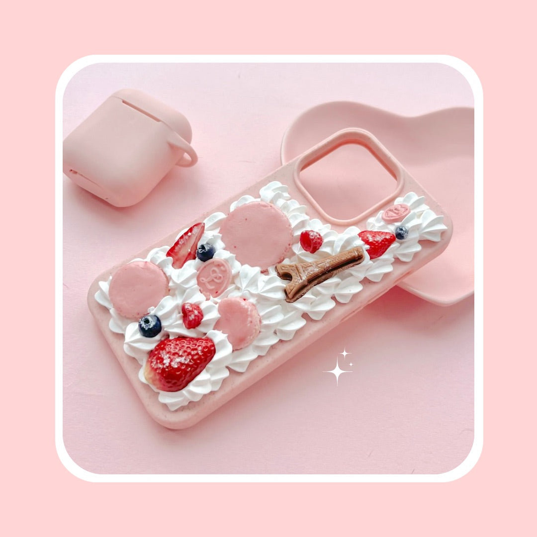 parisian pâtisserie décoden phone case with chocolate Eiffel Tower and strawberry macaron