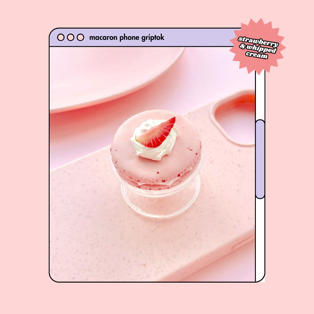 strawberry pink whipped cream macaron pull out phone grip