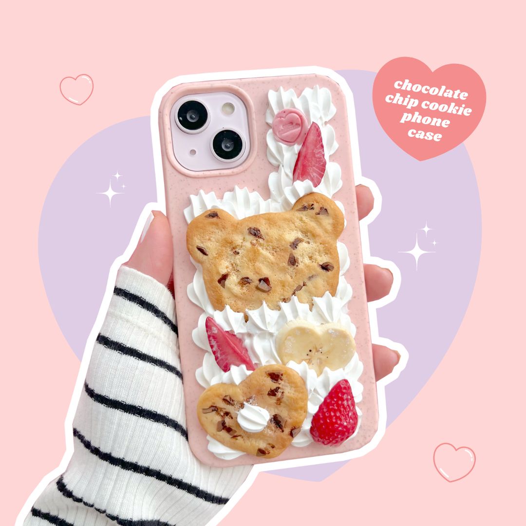 teddy bear and heart shaped chocolate chip cookie decoden phone case with strawberries