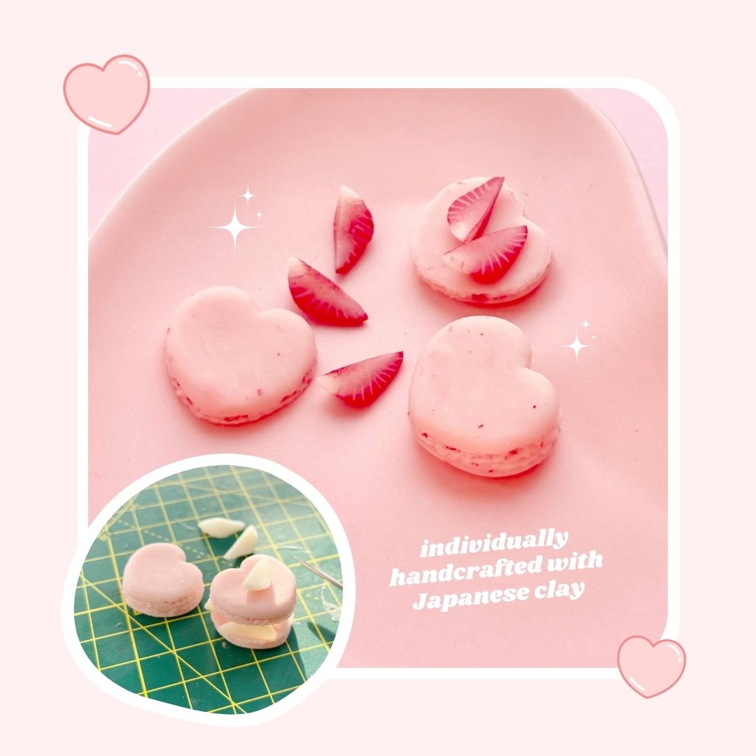 heart shaped pink strawberry and whipped cream macaron keyring with lobster clasp