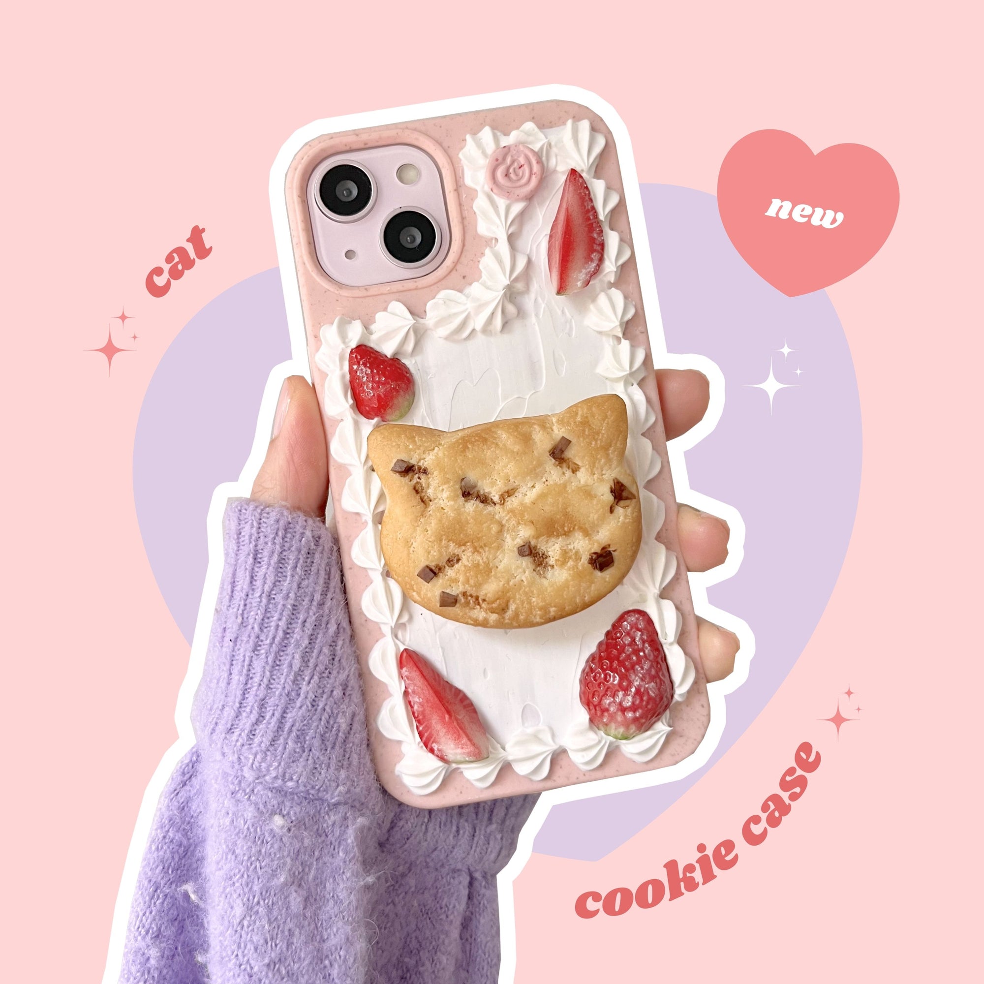 cat chocolate chip cookie pull out grip decoden phone case + keyring bundle