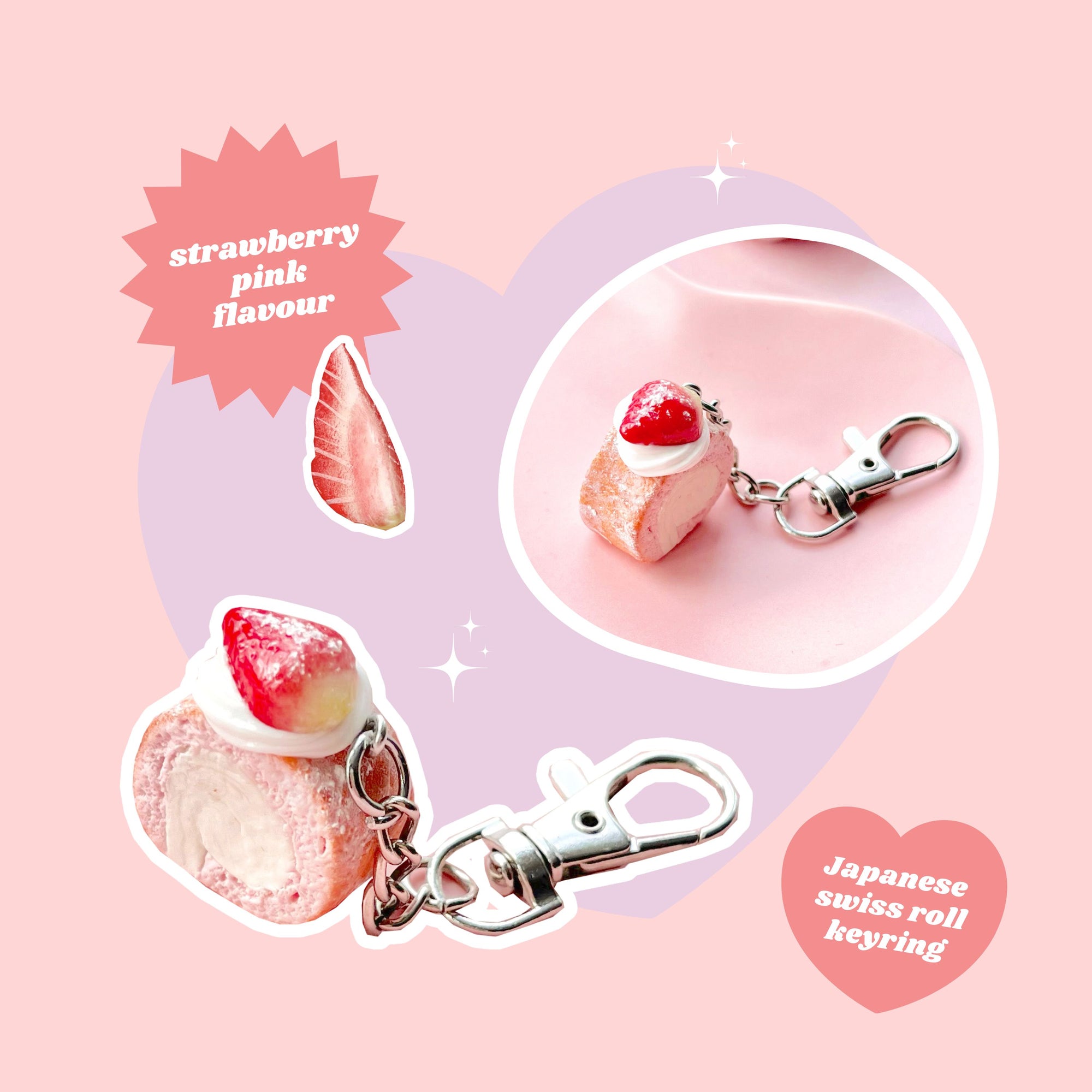 strawberry pink whipped cream Swiss roll cake keyring with lobster clasp