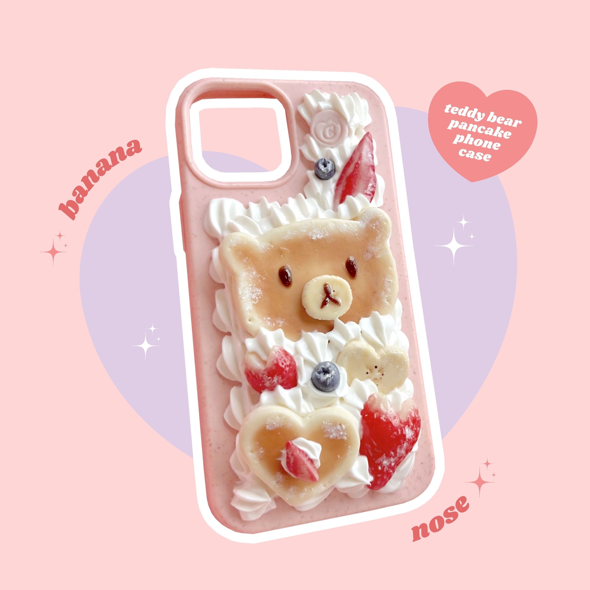 teddy bear pancake decoden phone case with heart shaped strawberries