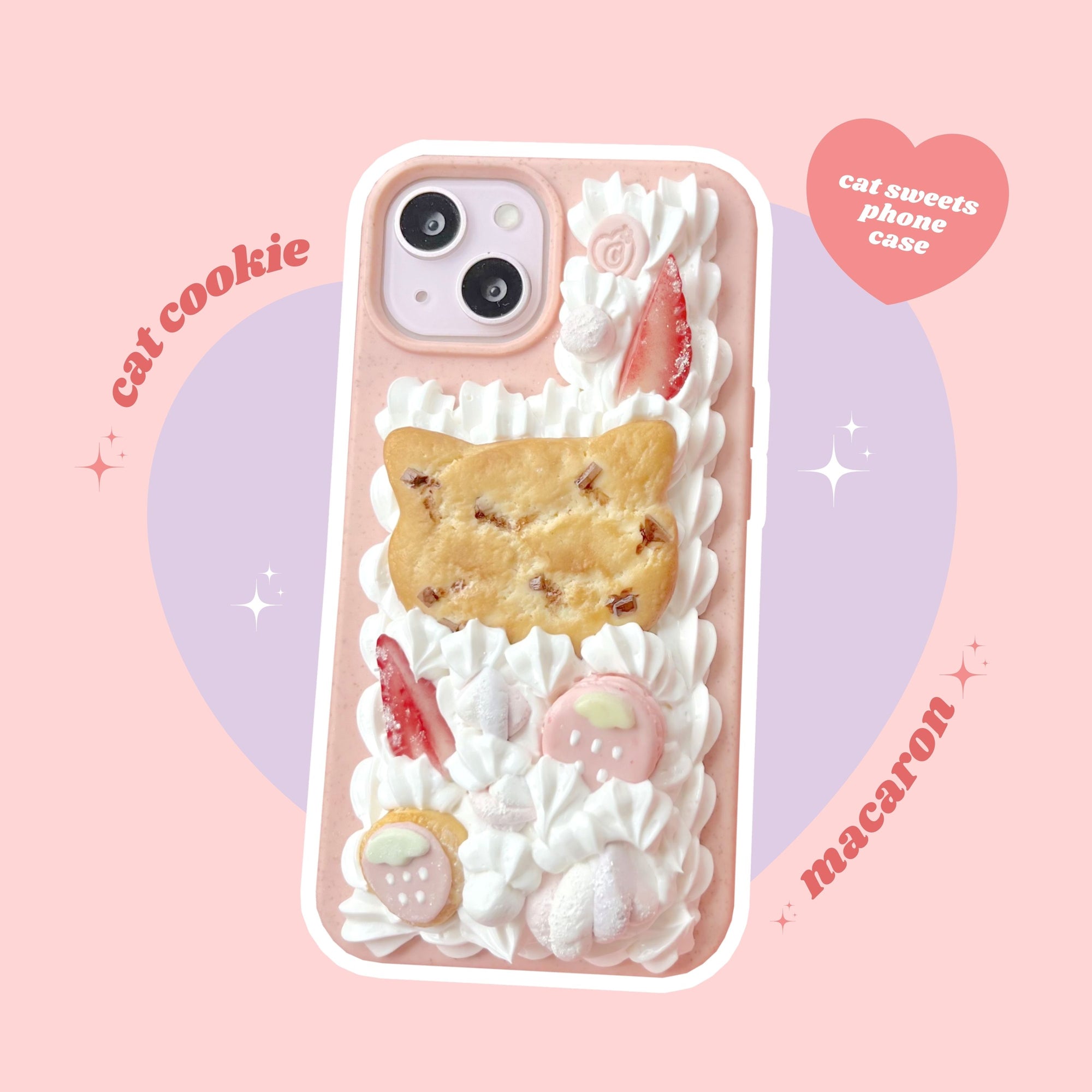 cat chocolate chip cookie marshmallow strawberry macaron decoden phone case