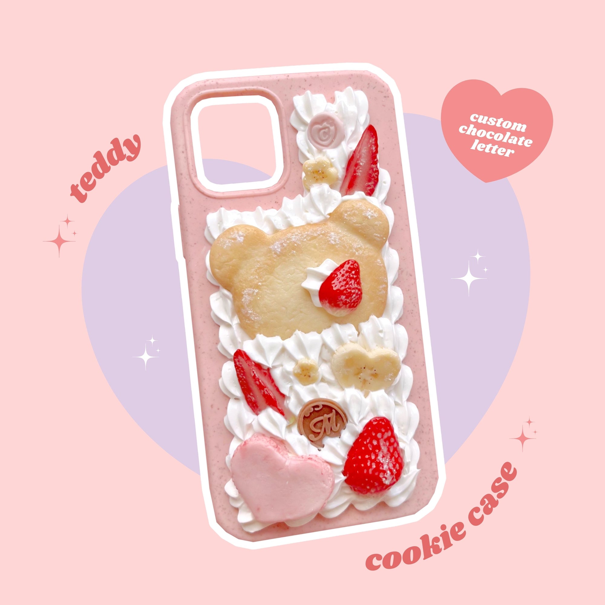 teddy bear cookie decoden phone case with heart shaped macaron and custom letter chocolate