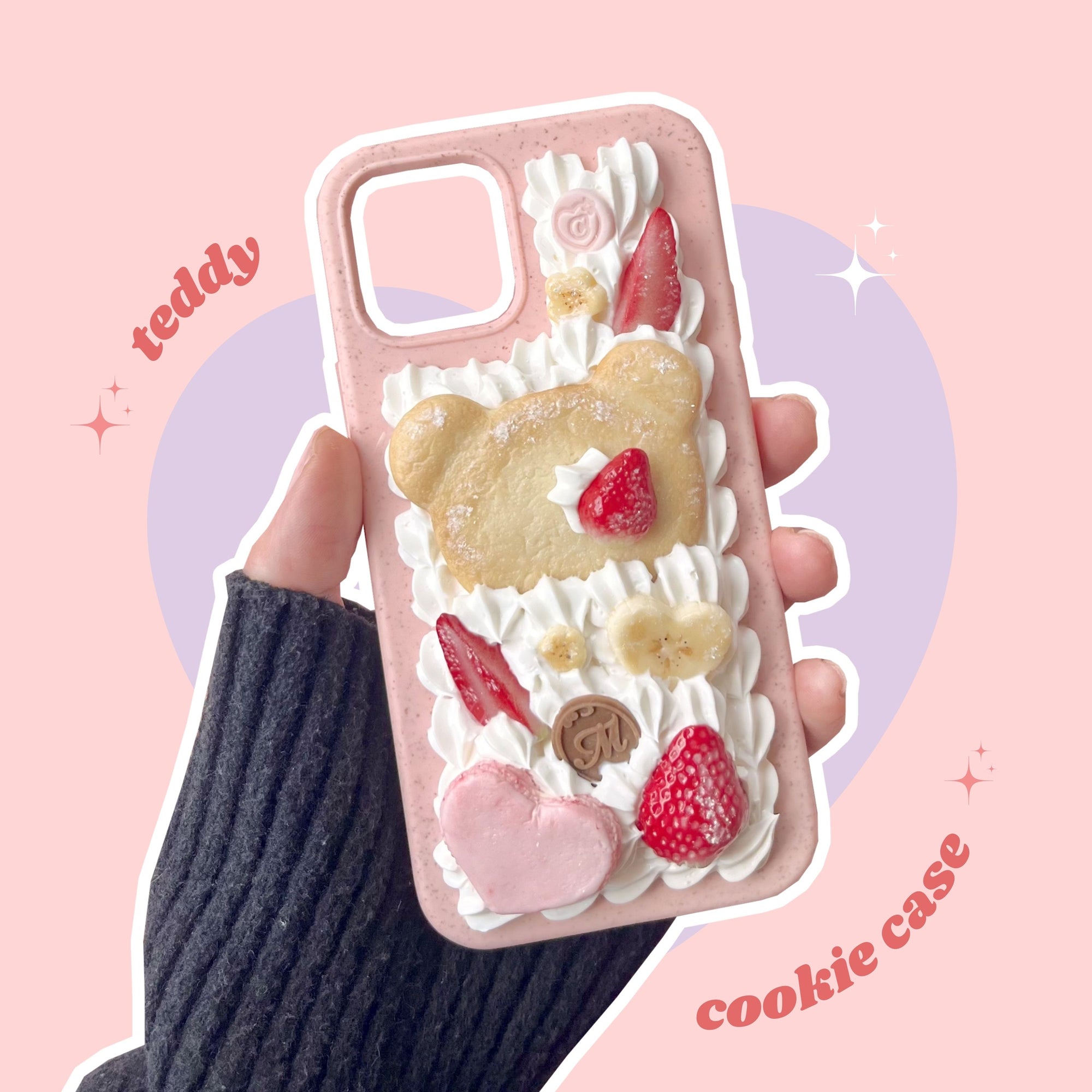 teddy bear cookie decoden phone case with heart shaped macaron and custom letter chocolate