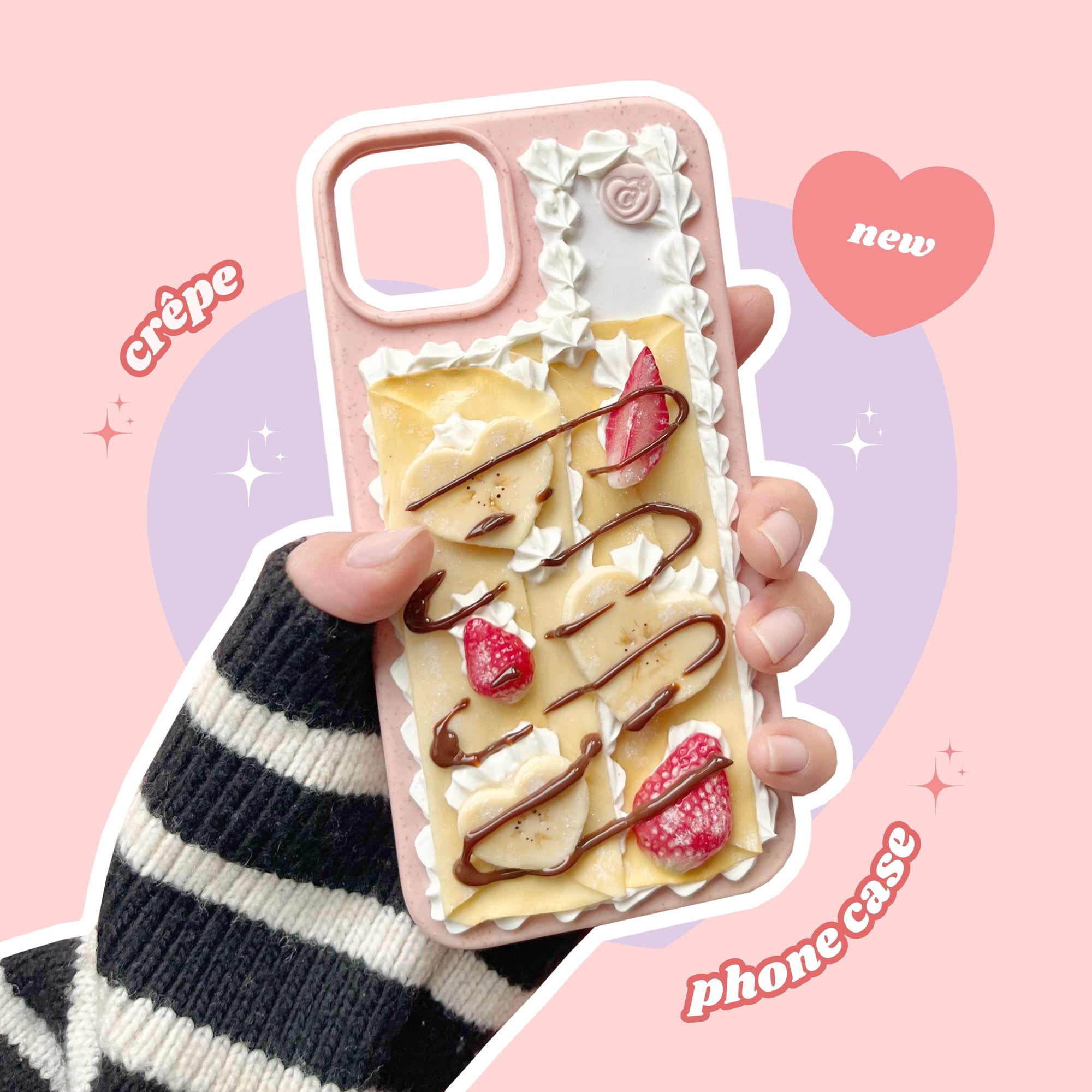 crêpe pancake phone case with heart shaped bananas, strawberries and chocolate drizzle