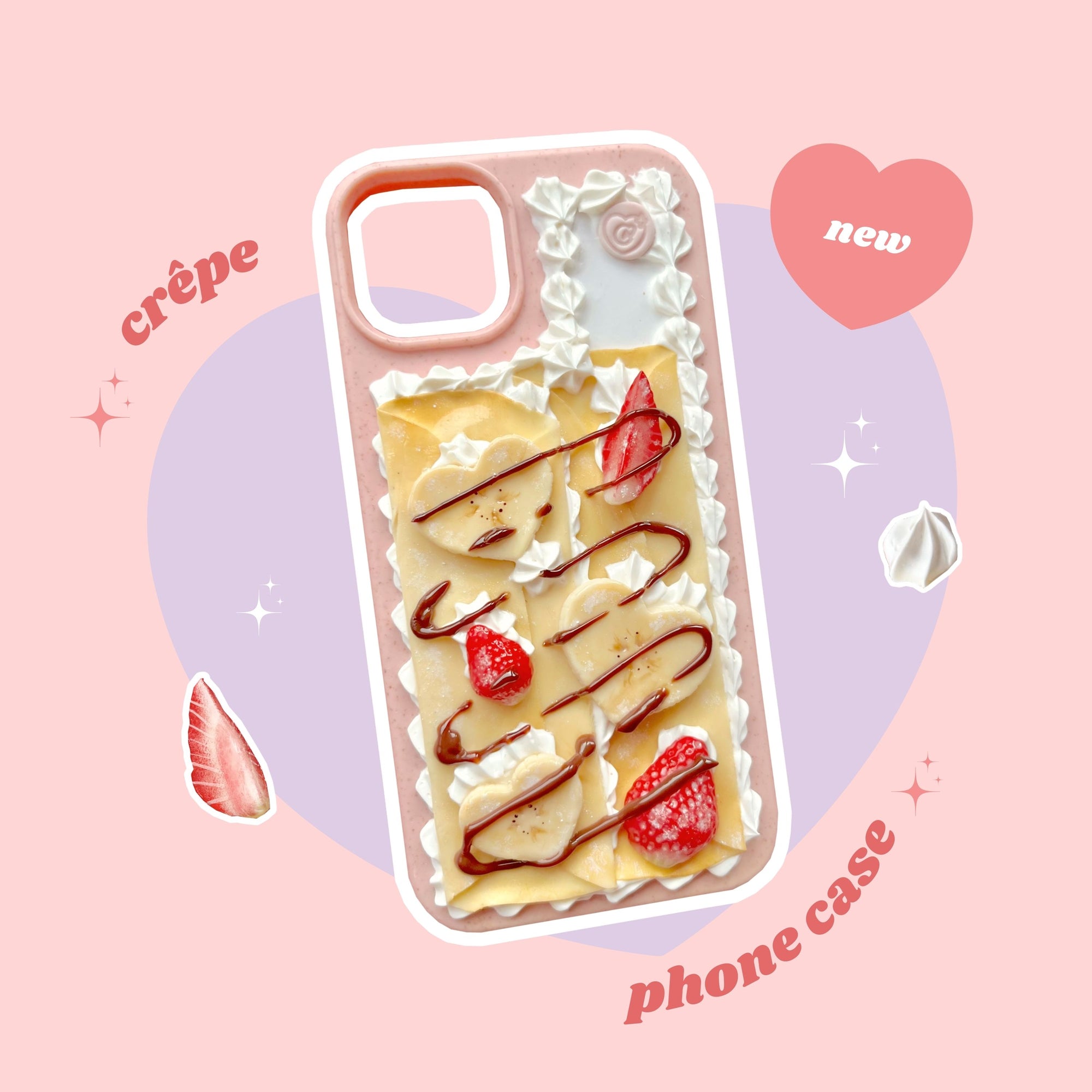 crêpe pancake phone case with heart shaped bananas, strawberries and chocolate drizzle