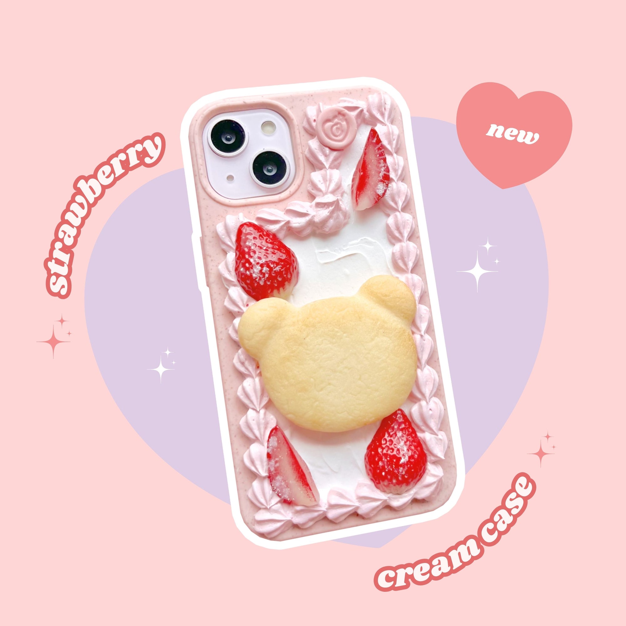 strawberry pink cream teddy bear butter cookie pull out grip decoden phone case