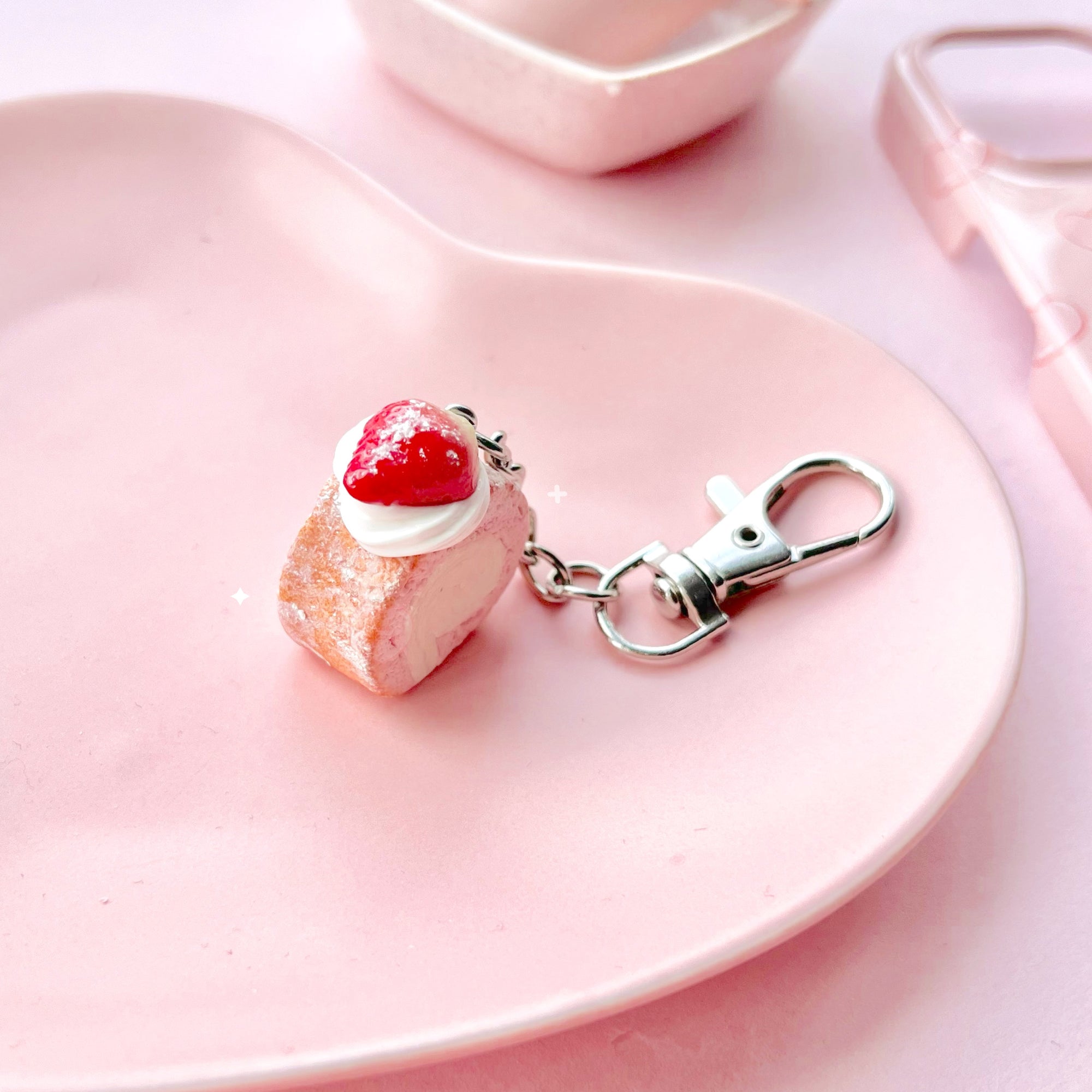 strawberry pink whipped cream Swiss roll cake keyring with lobster clasp