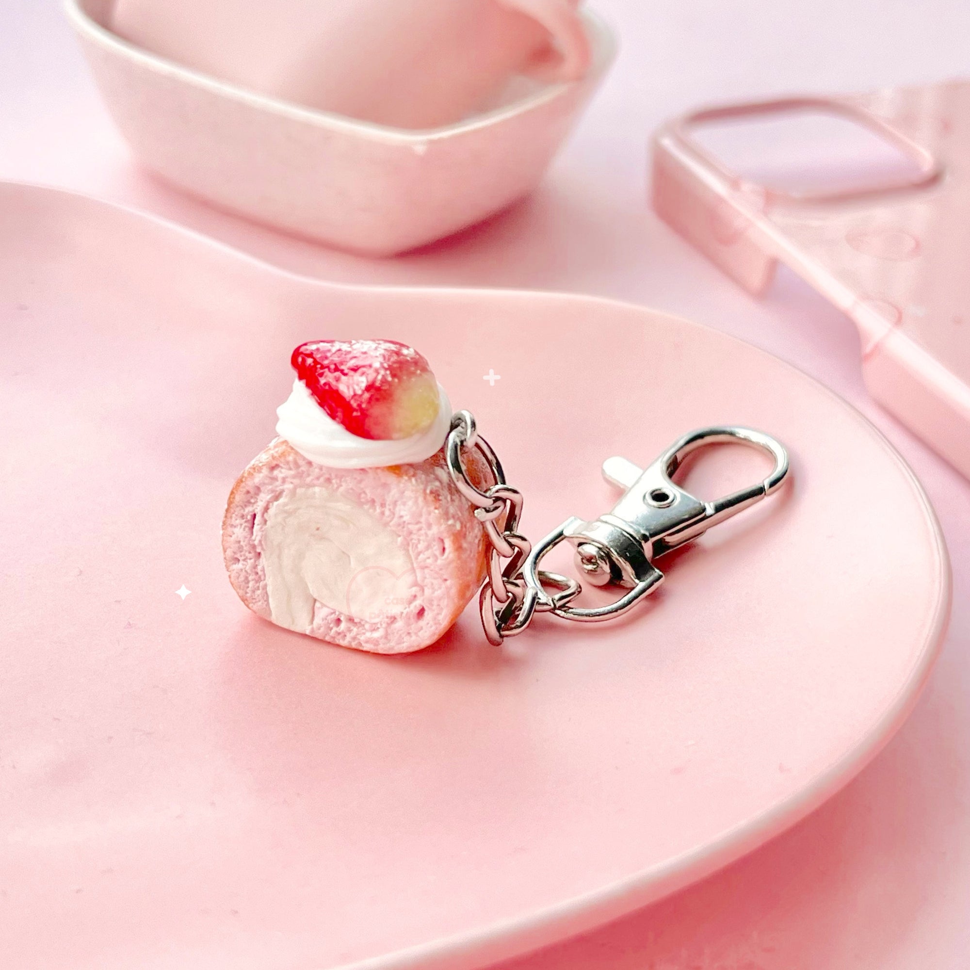 strawberry pink whipped cream Swiss roll cake keyring with lobster clasp