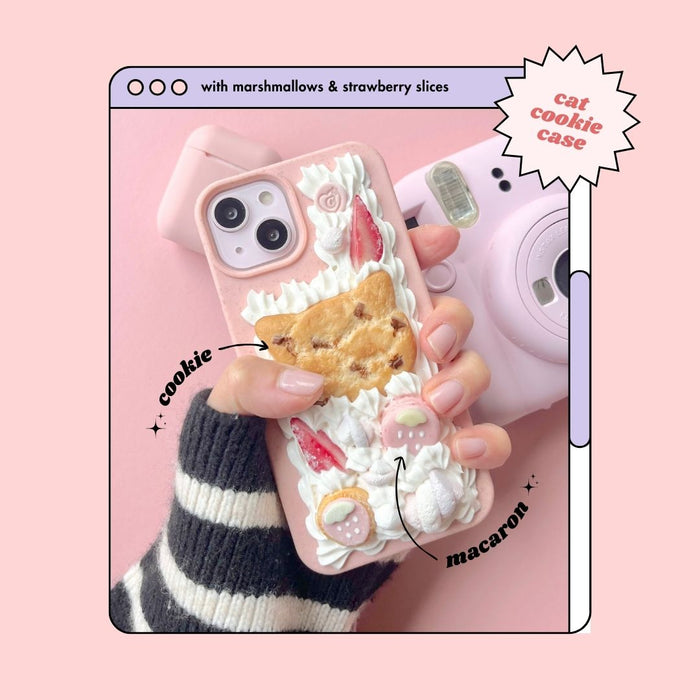 cat chocolate chip cookie marshmallow strawberry macaron decoden phone case