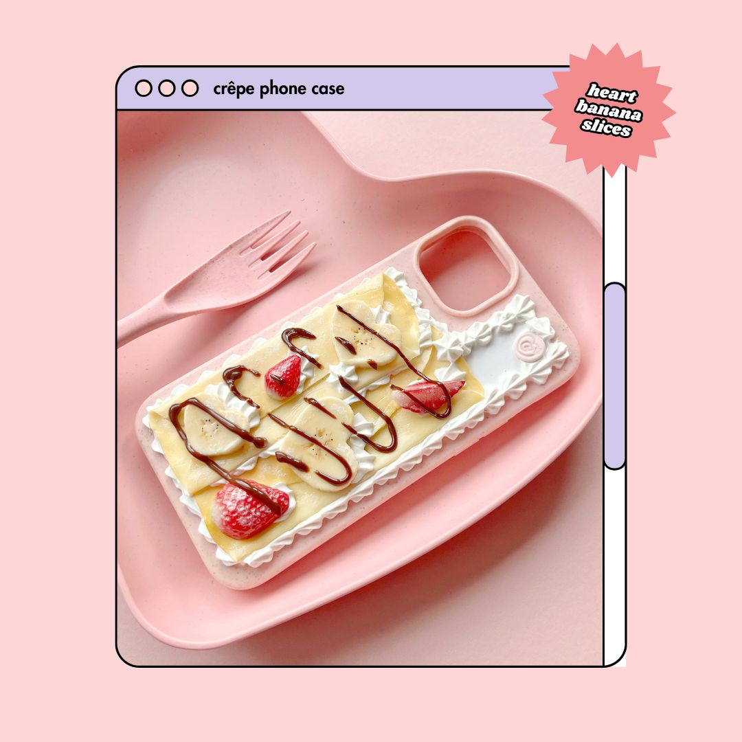 crêpe pancake phone case with heart shaped bananas, strawberries and chocolate drizzle