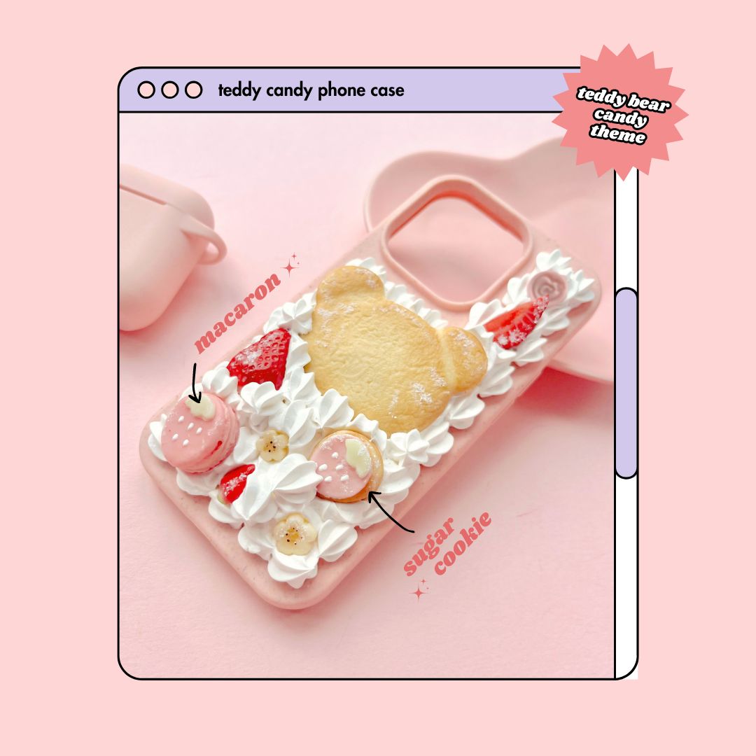 teddy bear candy sugar cookie strawberry macaron decoden phone case