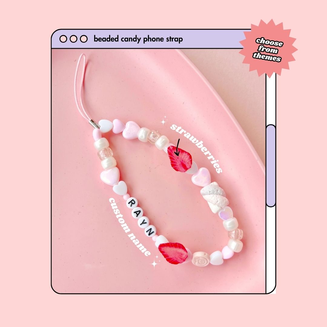 candy decoden Y2K friendship beaded phone strap with strawberries and marshmallows