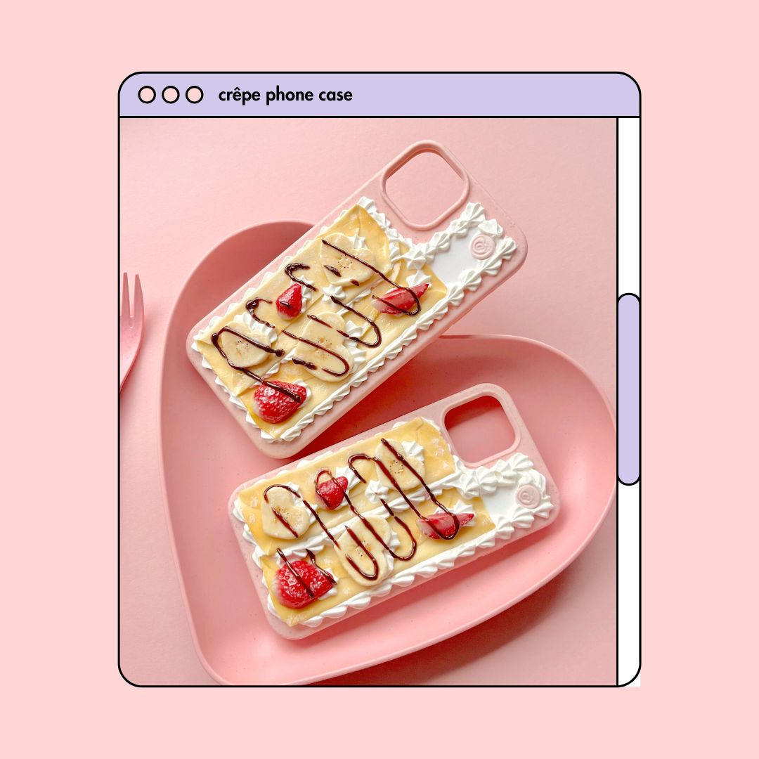 crêpe pancake phone case with heart shaped bananas, strawberries and chocolate drizzle