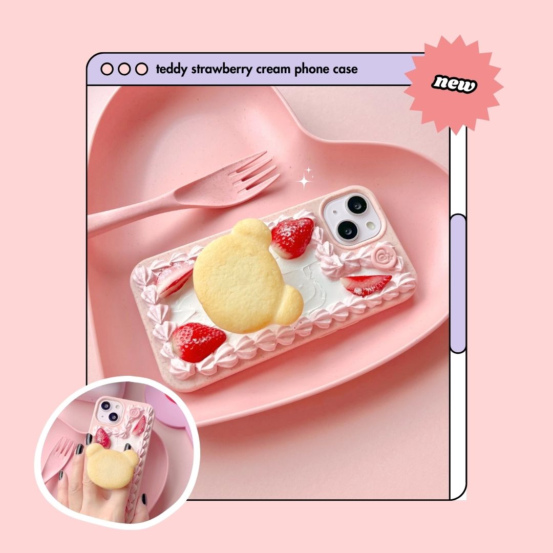 strawberry pink cream teddy bear butter cookie pull out grip decoden phone case