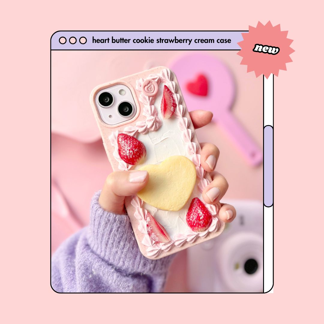 strawberry pink cream heart butter cookie pull out grip decoden phone case