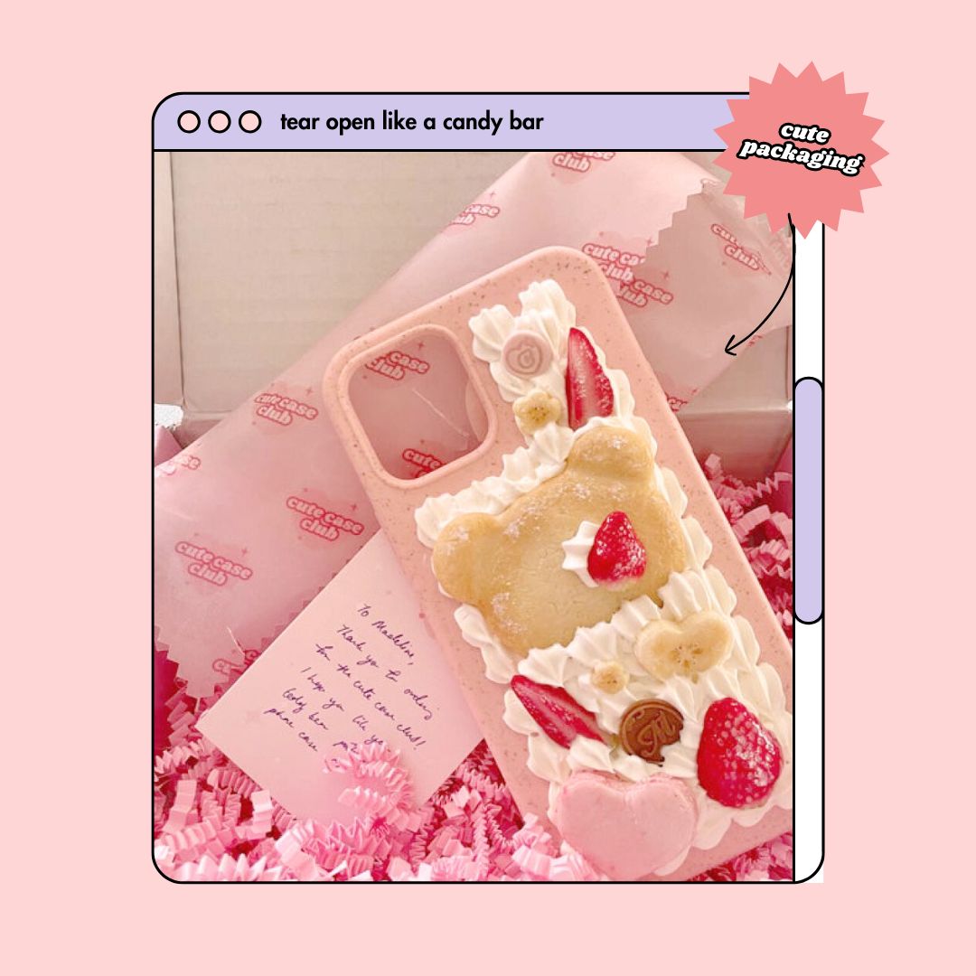 teddy bear and heart shaped chocolate chip cookie decoden phone case with strawberries